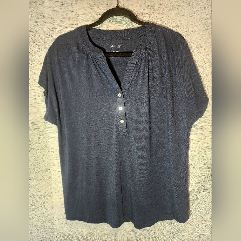 Philosophy Deep V-neck Short Sleeve Shirt Dark Navy Blue Medium